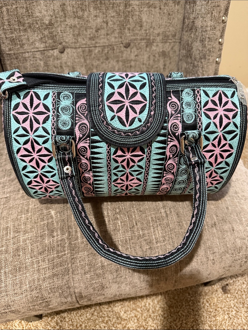 Embroidered Pink & Teal Patterned Women's Shoulder Bag